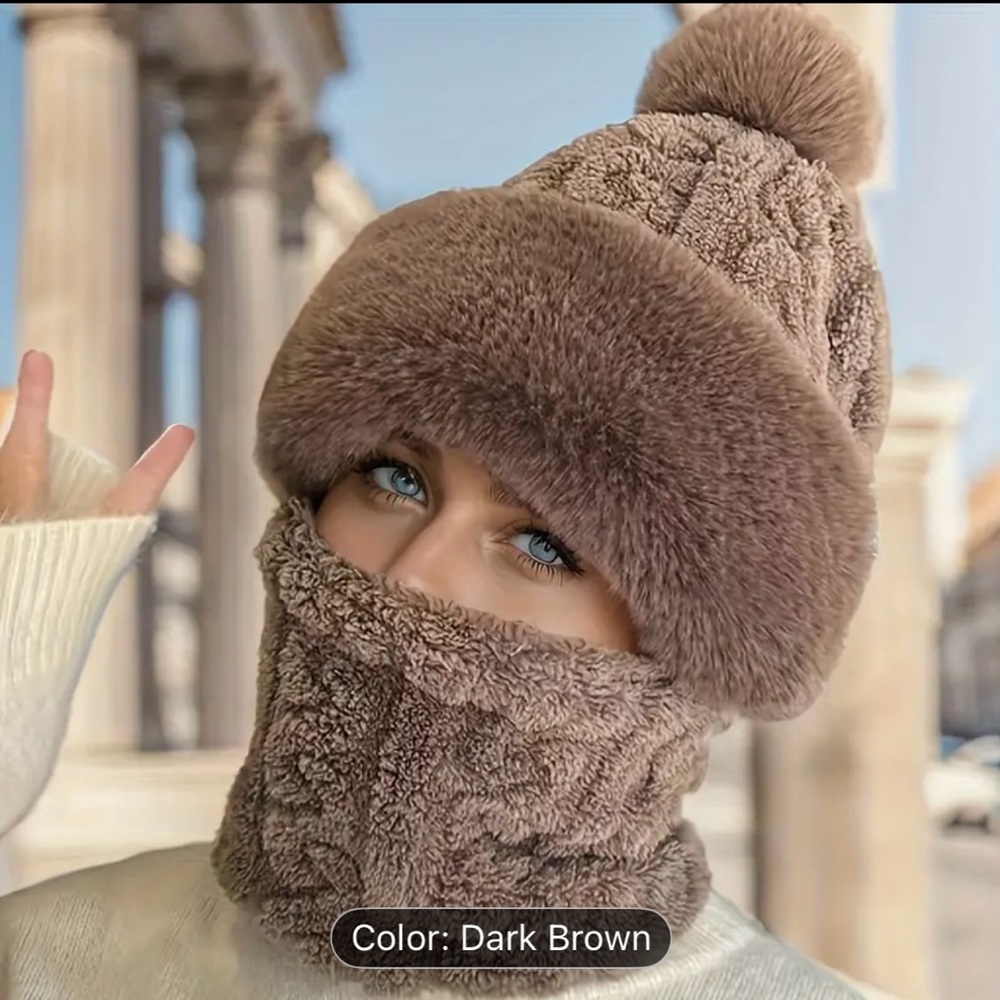 Luxurious Dark Brown Faux Fur Hat and Scarf Set